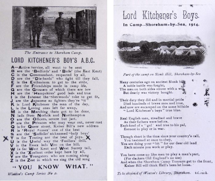 Patriotic morale boosters from Shoreham.  Note Arthur’s emphasis: ‘Tenting not the best of joys’