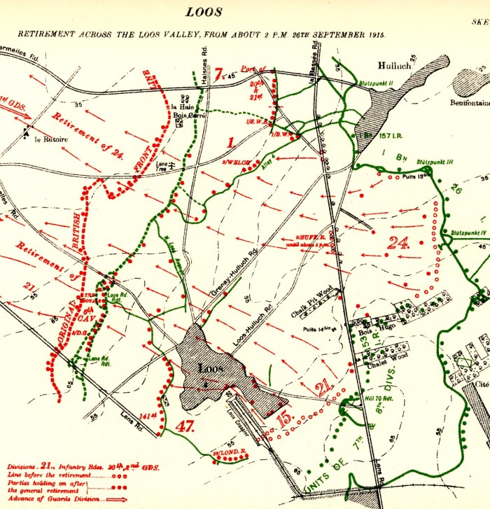 ‘9/Suff.R. until about 5pm’ at Lens-La Bassée road just north of Chalk Pit Wood marks the point at which the 9th Suffolks turned and joined the withdrawal.  Source: Edmonds (1928) p. 333